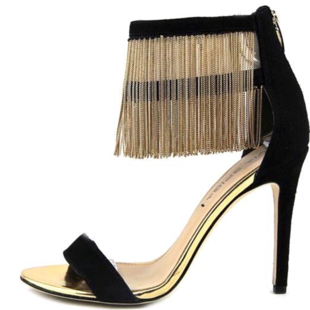 Via Spiga Black Tolsa Chain Fringe Sandal Heels Shoes